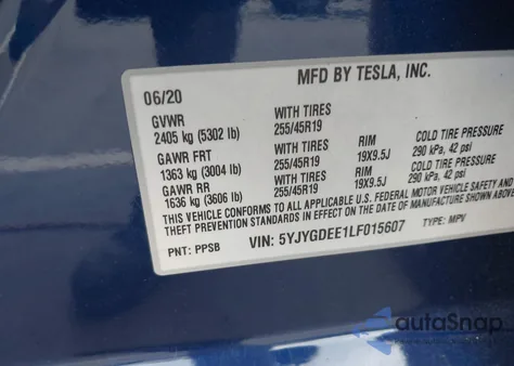 2020 Tesla Model Y Long Range Dual Motor All-Wheel Drive from USA, damaged, VIN 5YJYGDEE1LF015607